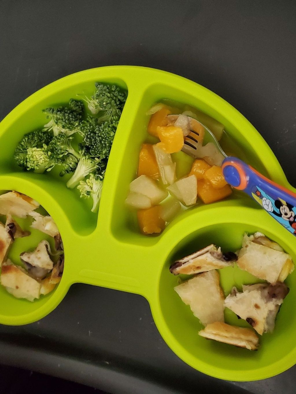 Lunch for the boys: Cheese & Bean Quesadilla, Broccoli, and Mixed Fruit